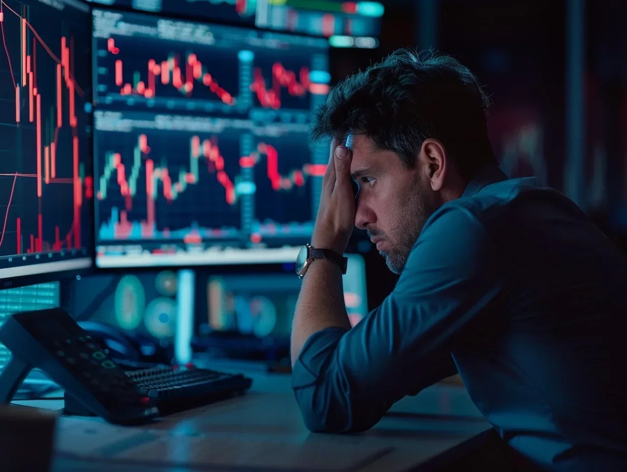 Trader der frustriert vor mehreren Bildschirmen sitzt